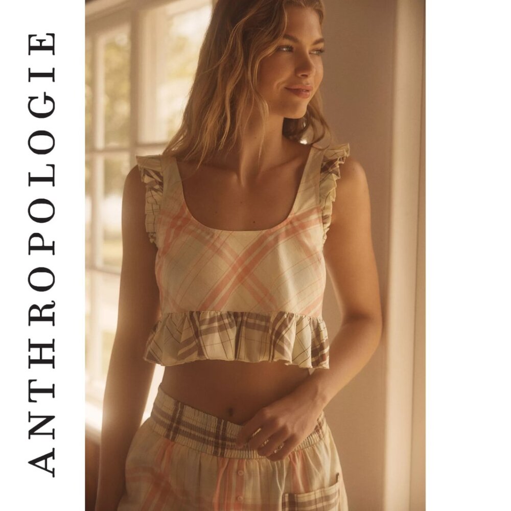 NWT Anthropologie LyreBird Plaid Ruffle Flannel Crop Top M